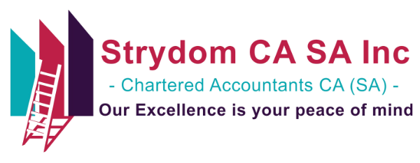 Strydom CA SA Inc logo featuring stylised geometric shapes and ladder icon, representing a professional accounting service in South Africa with the tagline “Chartered Accountants CA (SA) – Our Excellence is your peace of mind.”